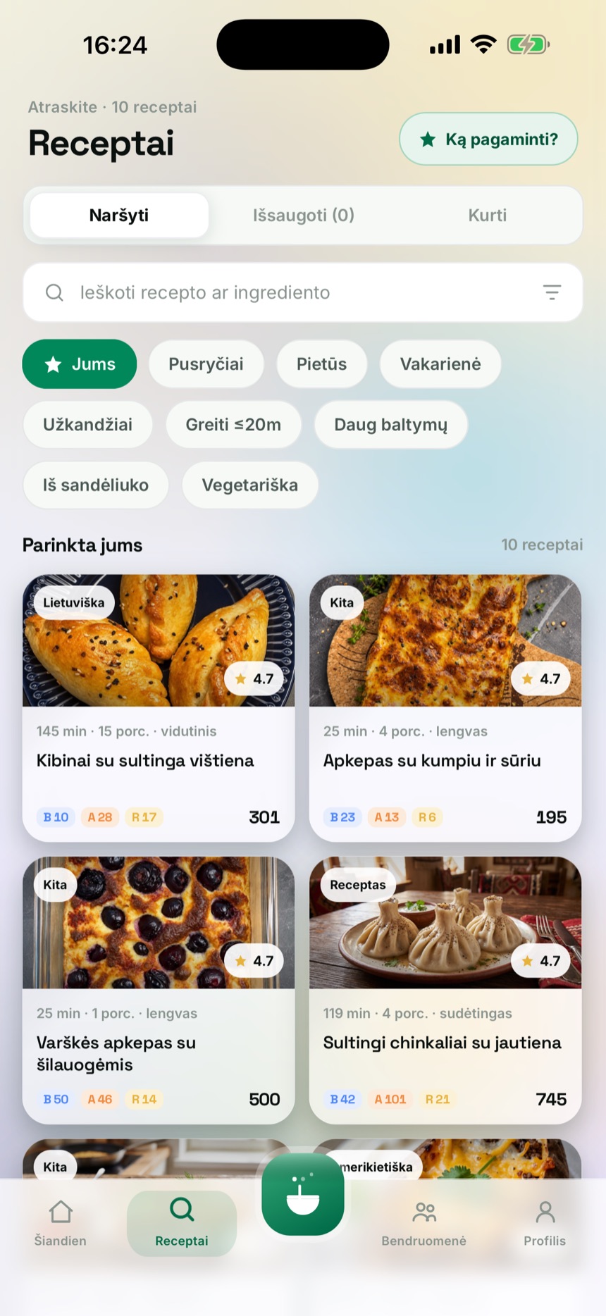 Receptų paieška su nuotraukomis Maistiqo programėlėje